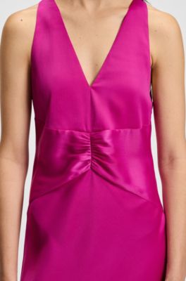 Gathered-front dress in crinkle satin, Dark pink