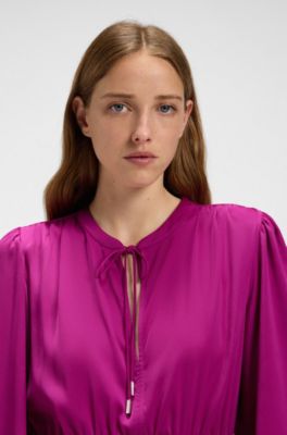 Vestido mini de sat&eacute;n arrugado con detalles fruncidos, Rosa oscuro