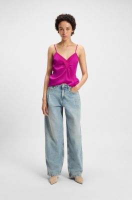 Top estilo camisola de sat&eacute;n con cuello de georgette, Rosa oscuro