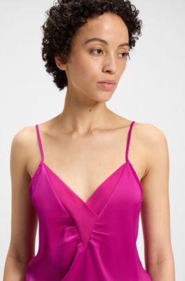 Top estilo camisola de sat&eacute;n con cuello de georgette, Rosa oscuro