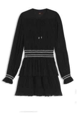 Pliss&eacute; dress with smock-stitched waistband, Black