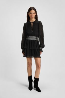Pliss&eacute; dress with smock-stitched waistband, Black