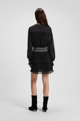 Pliss&eacute; dress with smock-stitched waistband, Black