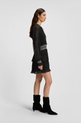 Pliss&eacute; dress with smock-stitched waistband, Black