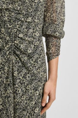 Gathered-detail midi dress in printed seersucker, Patterned