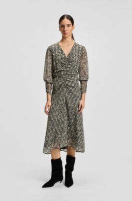 Vestido midi de sirsaca estampada con detalles fruncidos, Fantas&iacute;a
