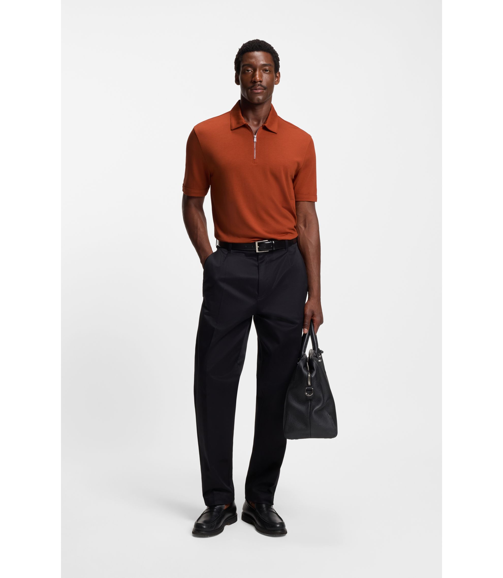 【しん】【新品タグ付】HUGO BOSS ポロシャツ ブラック オレンジ BOSS - Piqué polo shirt with zip neck - Dark Orange