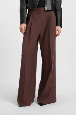 Pantalon Relaxed en tissu stretch avec deux plis, Marron fonc&eacute;