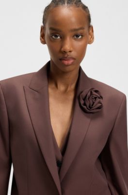 HUGO - Relaxed-fit blazer with flower brooch - Dark Brown