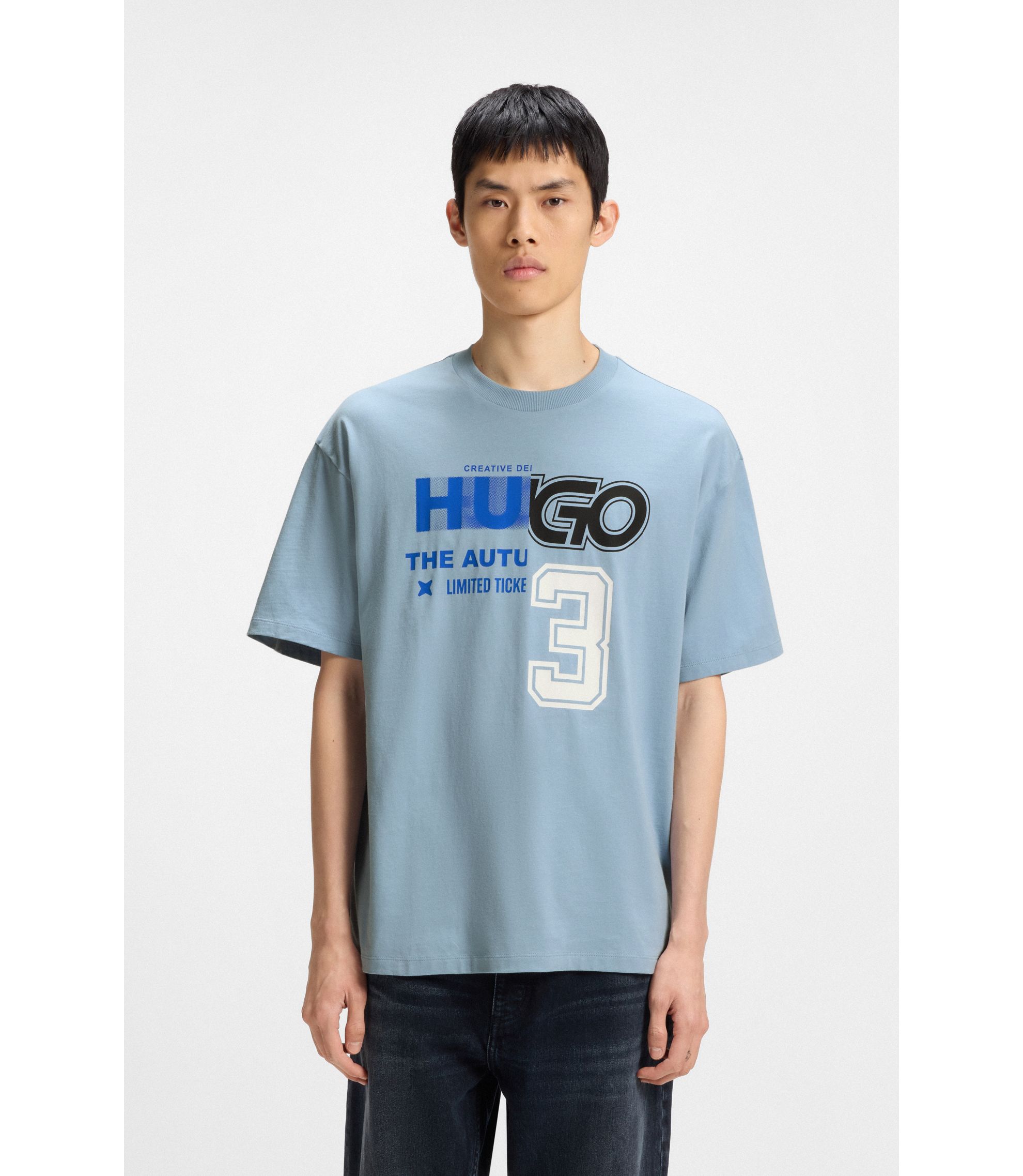 HUGO - Cotton-jersey T-shirt with logo artwork - Light Blue