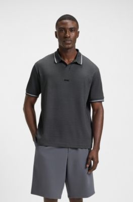 Cotton polo shirt with mesh pattern, Dark Grey