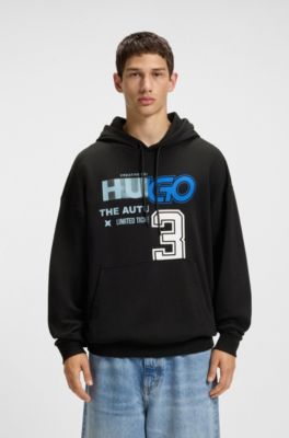 Mixed-artwork hoodie in cotton terry, Black