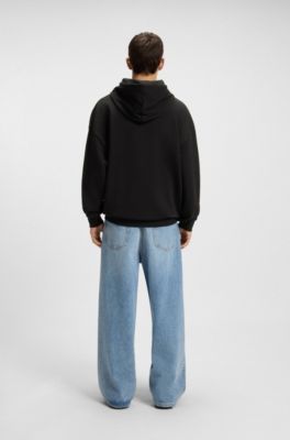 Prenda con capucha de felpa de algod&oacute;n con mezcla de estampados de dise&ntilde;o, Negro