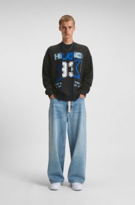 Sudadera de felpa de algod&oacute;n con efecto a capas y mezcla de estampados, Negro