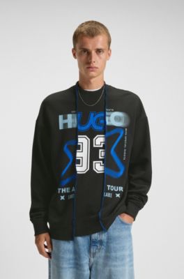 Sudadera de felpa de algod&oacute;n con efecto a capas y mezcla de estampados, Negro