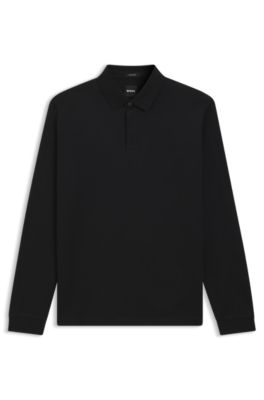 Mercerised-cotton polo shirt with plain collar, Black