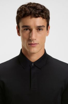 Mercerised-cotton polo shirt with plain collar, Black