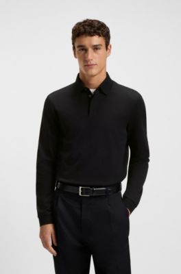 Mercerised-cotton polo shirt with plain collar, Black