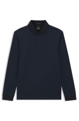 Mercerised-cotton polo shirt with plain collar, Dark Blue