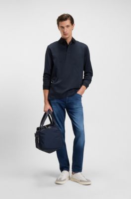 Mercerised-cotton polo shirt with plain collar, Azul oscuro