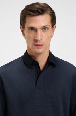 Mercerised-cotton polo shirt with plain collar, Dark Blue