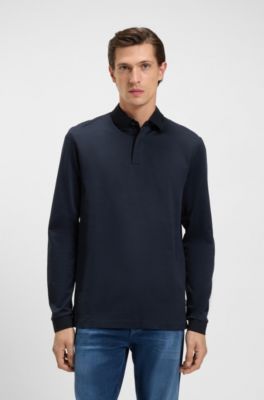 Mercerised-cotton polo shirt with plain collar, Dark Blue