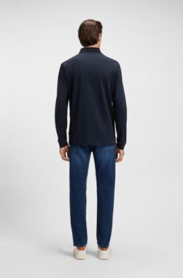 Mercerised-cotton polo shirt with plain collar, Azul oscuro