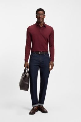 Mercerised-cotton polo shirt with plain collar, Rouge sombre