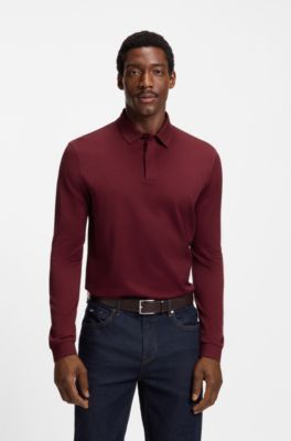 Mercerised-cotton polo shirt with plain collar, Dark Red