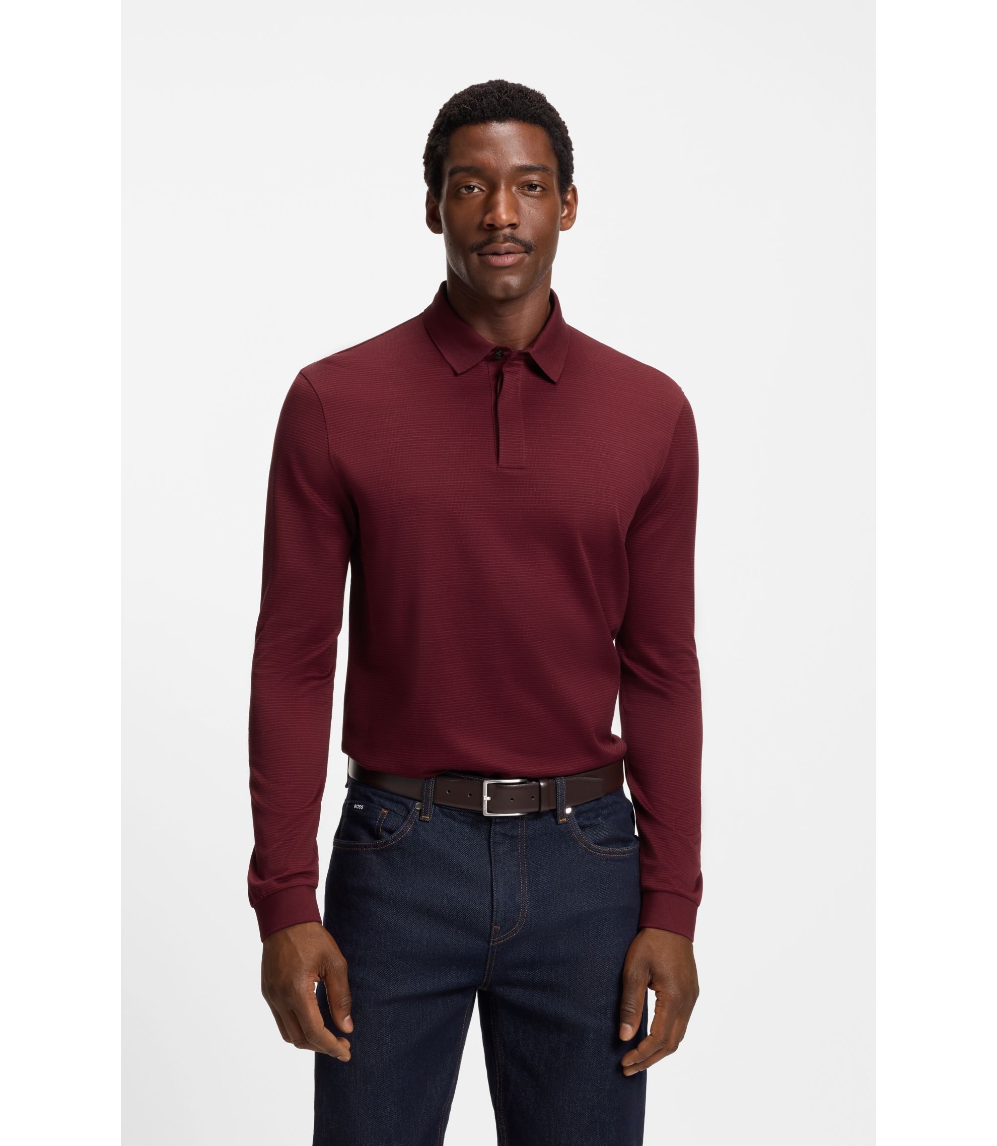 BOSS - Mercerised-cotton polo shirt with plain collar - Dark Red