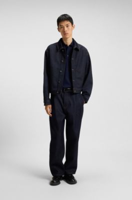 Mercerised-cotton slim-fit polo shirt with four-button placket, Dark Blue