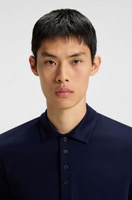 Mercerised-cotton slim-fit polo shirt with four-button placket, Dark Blue