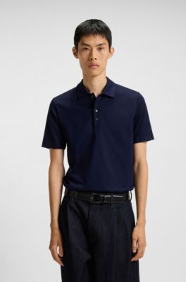 Mercerised-cotton slim-fit polo shirt with four-button placket, Dark Blue
