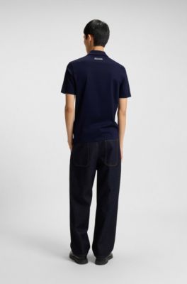 Mercerised-cotton slim-fit polo shirt with four-button placket, Dark Blue