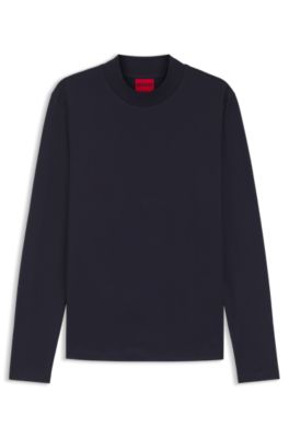 T-shirt Slim en coton merceris&eacute; avec col montant, Bleu fonc&eacute;