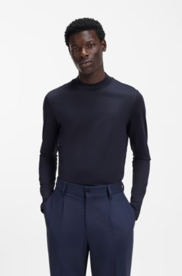 Camiseta slim fit con cuello medio de algod&oacute;n mercerizado, Azul oscuro