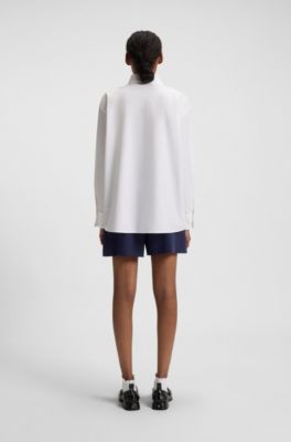 Blusa de seda regular fit con cuello de pajarita, Blanco