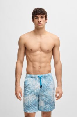 Logo-badge swim shorts with monogram artwork, Turquoise