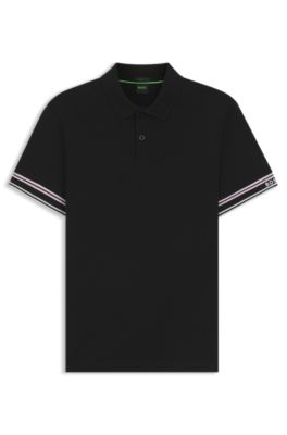 Stripe-cuff polo shirt in interlock cotton, Black