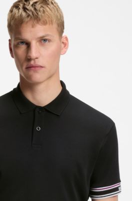 Stripe-cuff polo shirt in interlock cotton, Black