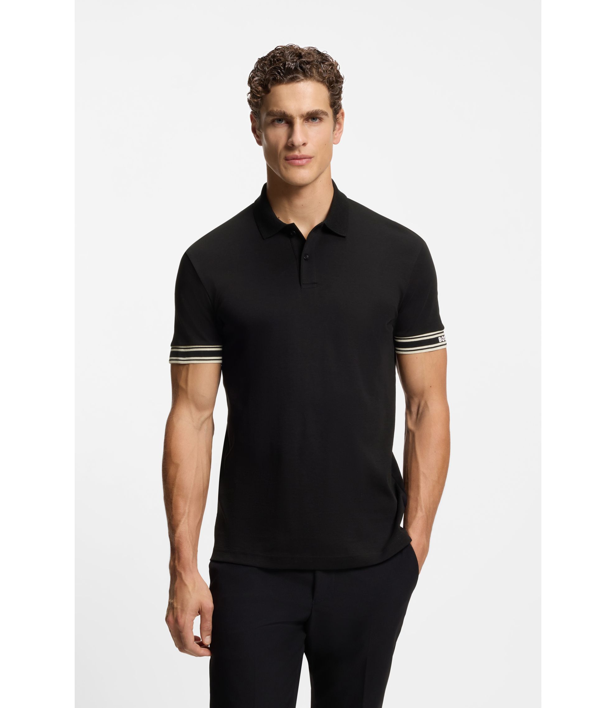 BOSS - Stripe-cuff polo shirt in interlock cotton - Black