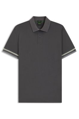 Polo Slim en coton avec bas de manches &agrave; rayures, Gris sombre