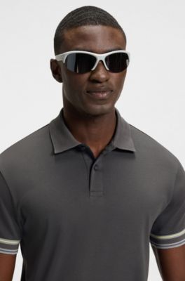 Stripe-cuff polo shirt in interlock cotton, Dark Grey