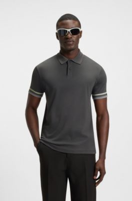 Stripe-cuff polo shirt in interlock cotton, Dark Grey