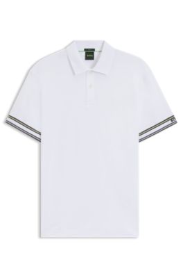 Polo slim fit de algod&oacute;n con pu&ntilde;os a rayas, Blanco