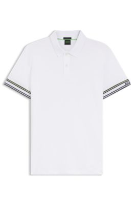 Polo Slim en coton avec bas de manches &agrave; rayures, Blanc