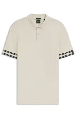 Stripe-cuff polo shirt in interlock cotton, Light Beige