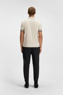 Stripe-cuff polo shirt in interlock cotton, Light Beige