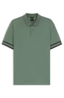 Polo Slim en coton avec bas de manches &agrave; rayures, Chaux