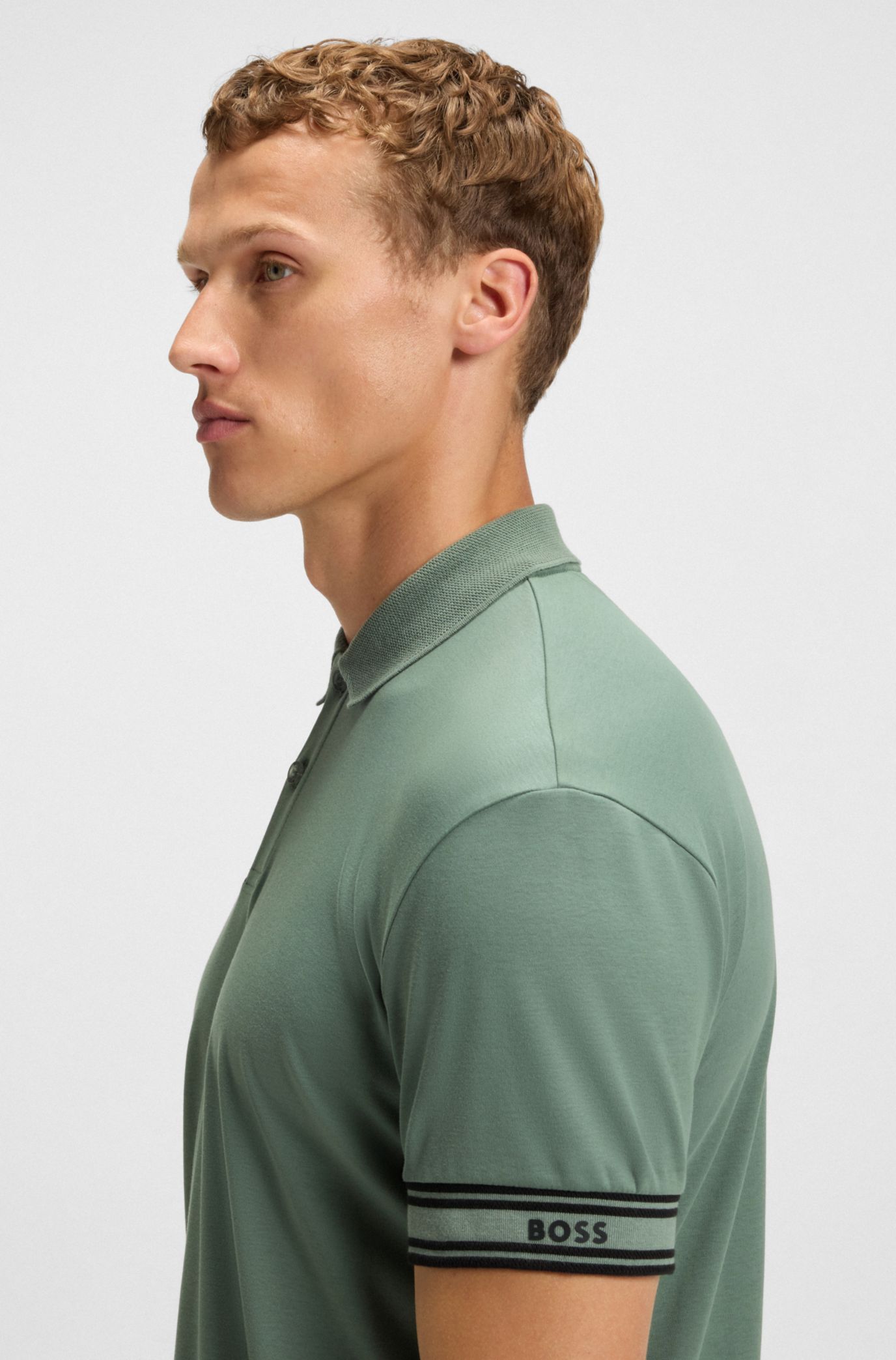 BOSS - Stripe-cuff polo shirt in interlock cotton - Light Green